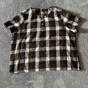 Emery Rose Women's Size 1X Brown And White Plaid Short Sleeve Tee Blouse Plus